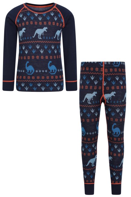 Blauw Jacquard Merino Kinderondergoed Set Origin Mountain Warehouse