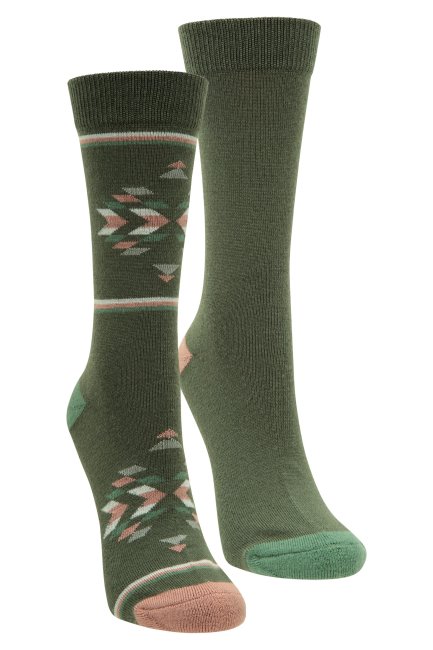 Donkergroene Merino Wandelsokken Met Opvallend Patroon Voor Dames - 2 Pack Collectie Mountain Warehouse